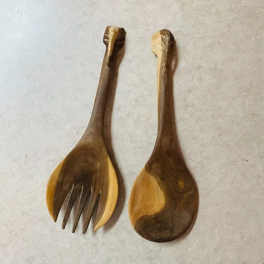 Vintage Hand-Carved Wooden Elephant Salad Spoon and Fork‎ Serving Set
